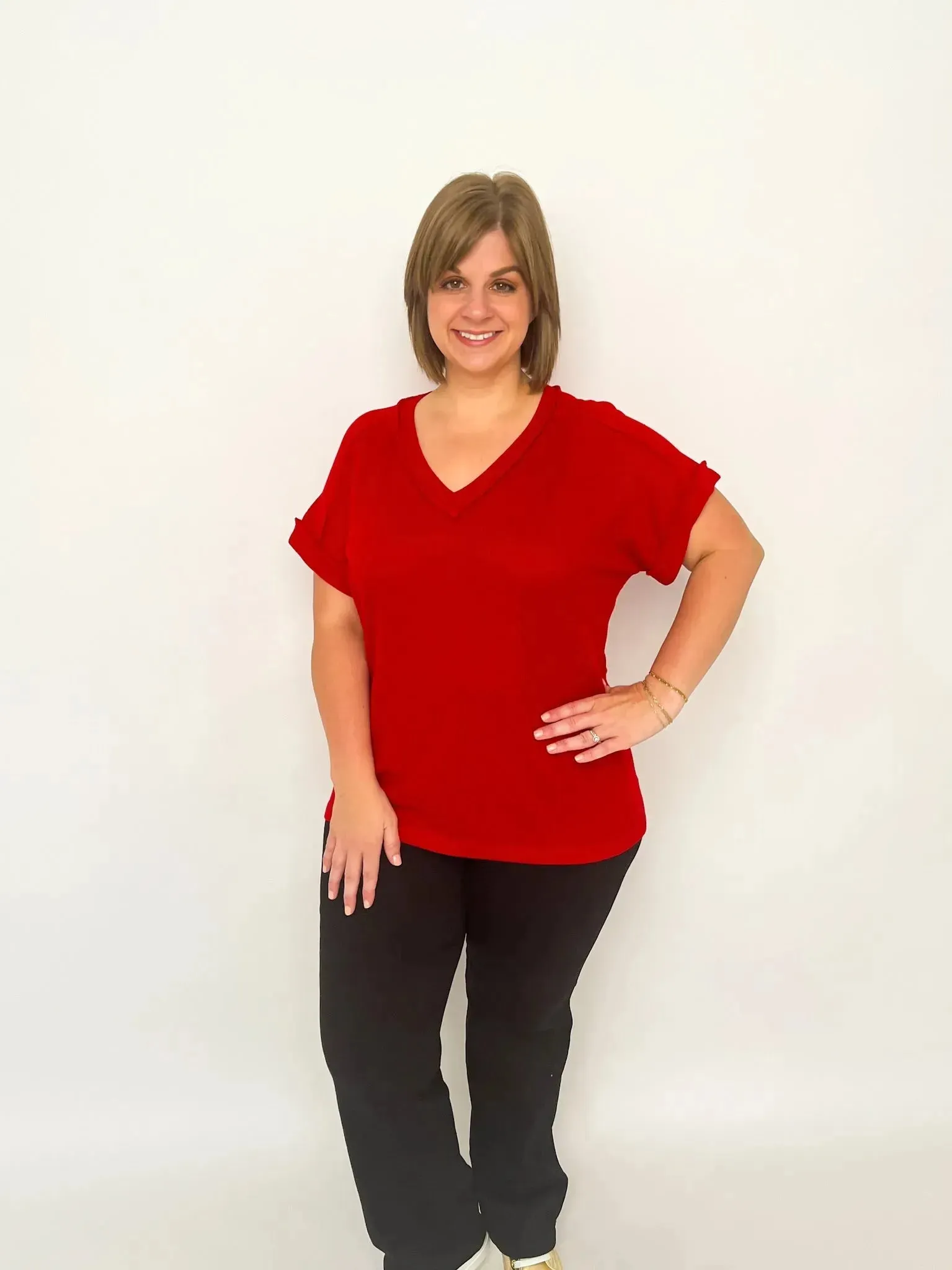 Red Short Sleeve Waffle Top