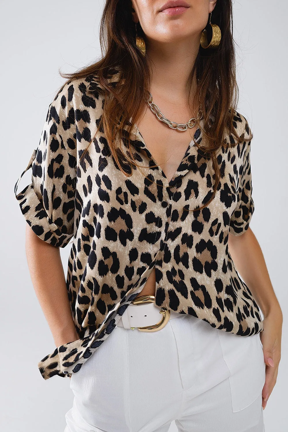 Relaxed Leopard Print Shirt With Rolled Cuffs
