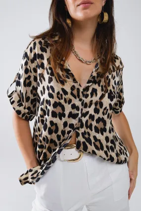 Relaxed Leopard Print Shirt With Rolled Cuffs
