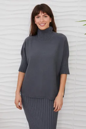Rib Contrast Turtleneck Short Sleeve Knit Top- Charcoal