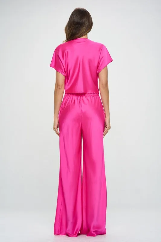 Satin Short Sleeve Top with Front Twist
