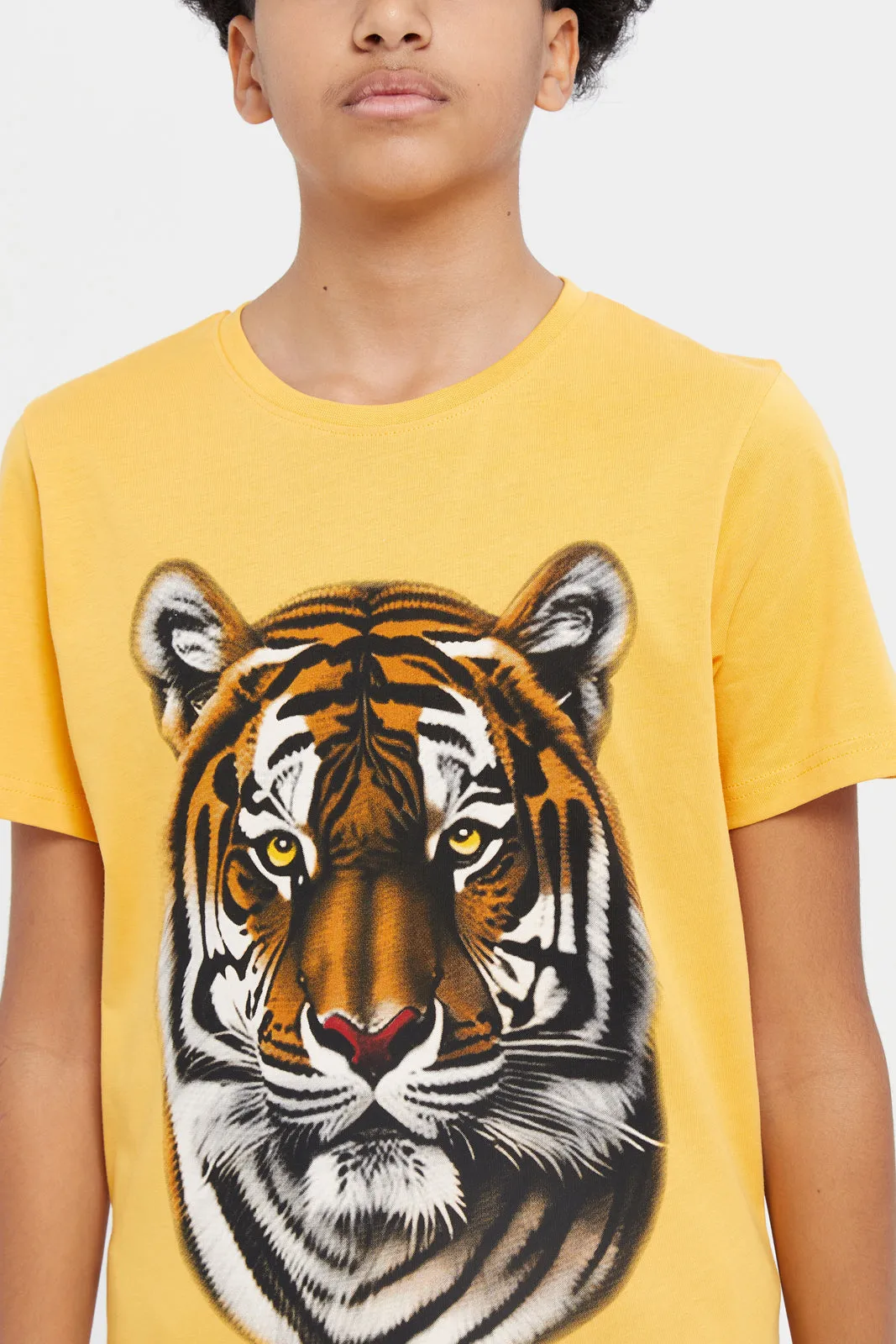 Senior Boys Mustard Lion Face Short Sleeve Graphic T-Shirt
