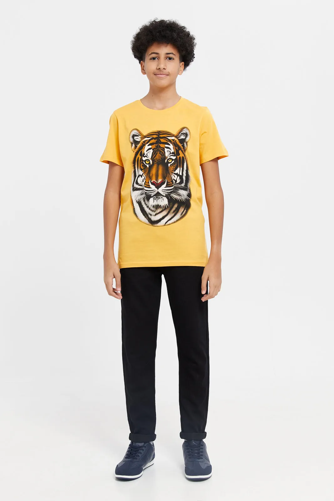 Senior Boys Mustard Lion Face Short Sleeve Graphic T-Shirt