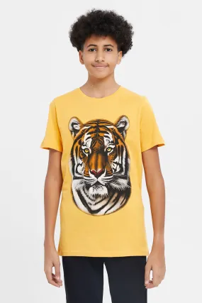 Senior Boys Mustard Lion Face Short Sleeve Graphic T-Shirt