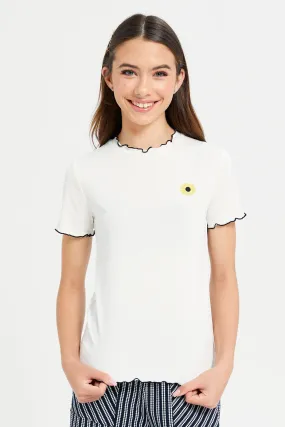 Senior Girls White Embroidered Rib Top