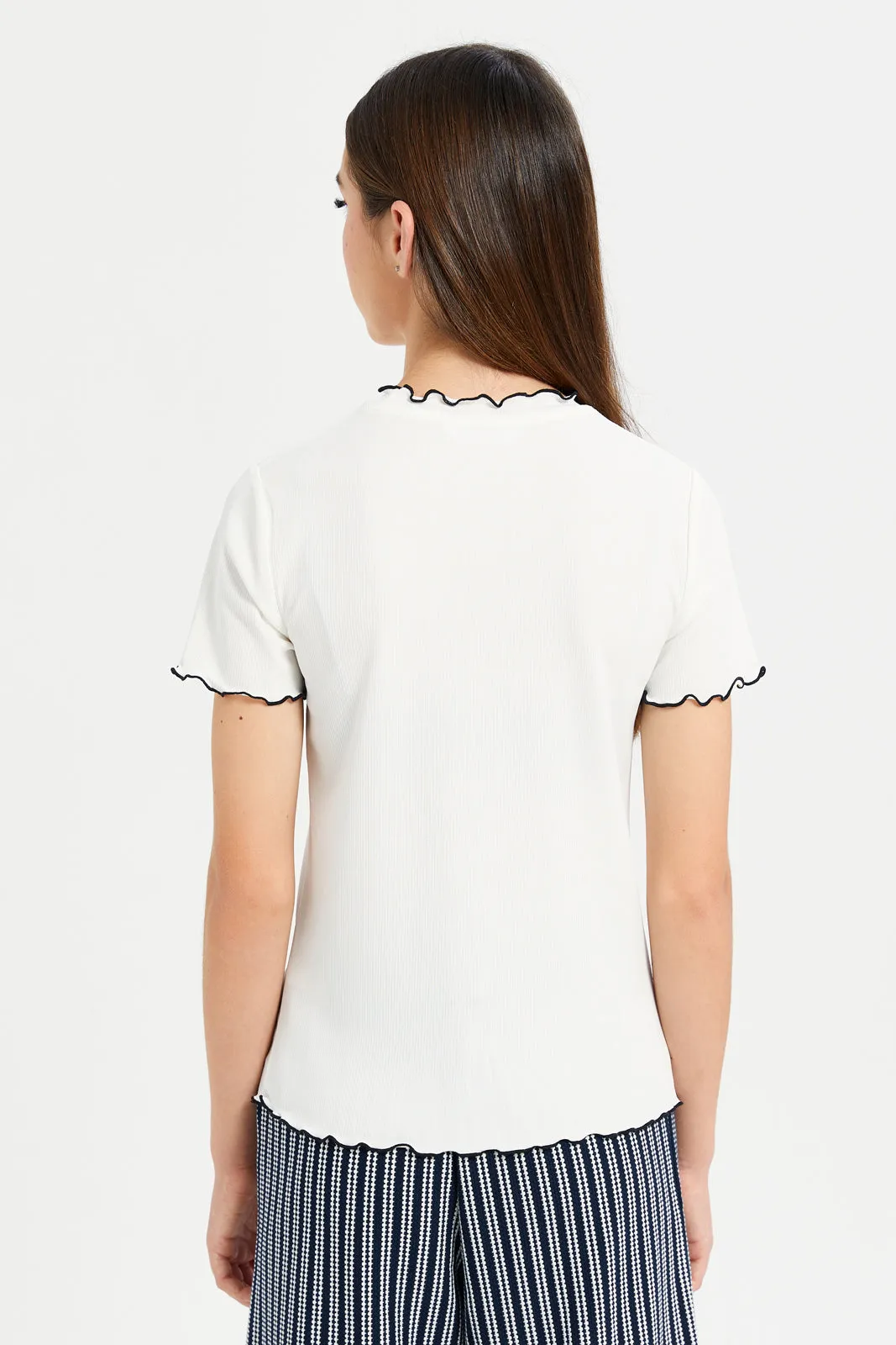 Senior Girls White Embroidered Rib Top