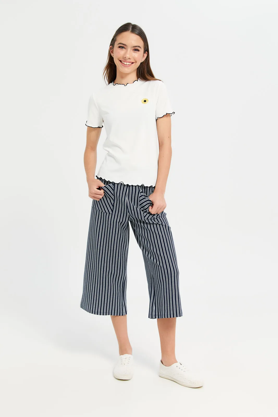 Senior Girls White Embroidered Rib Top