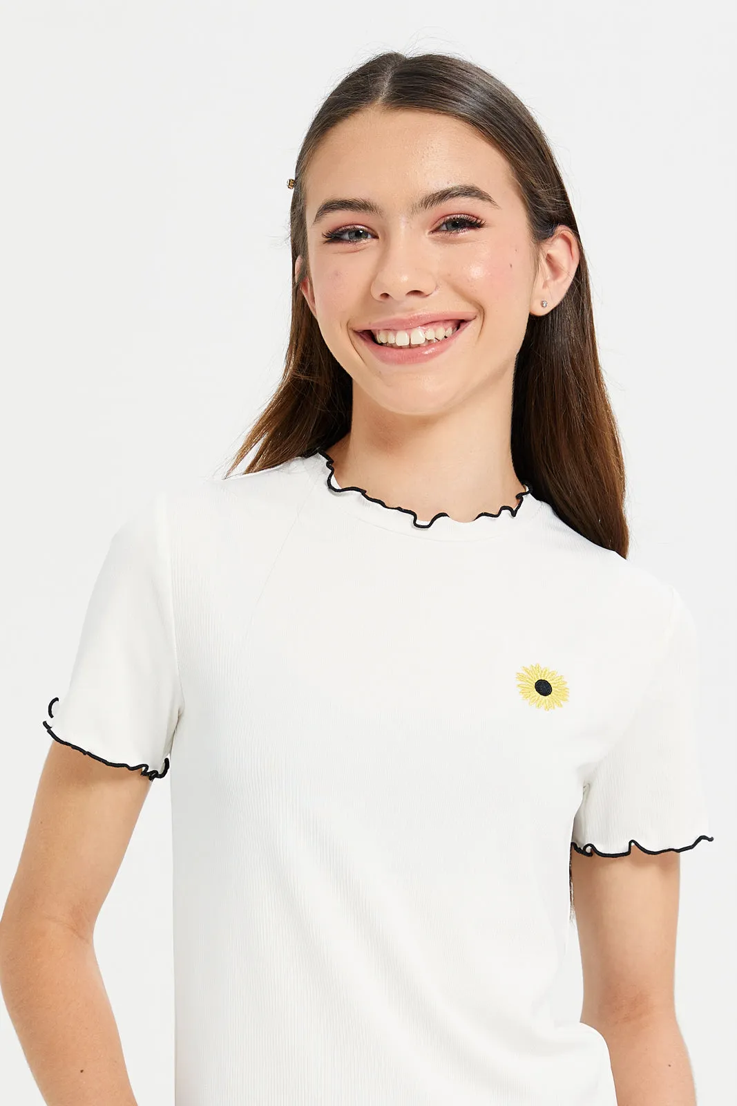 Senior Girls White Embroidered Rib Top