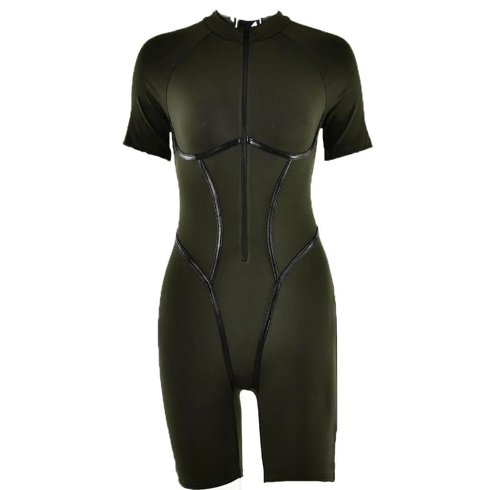 Short sleeve zip-up stitch high neck romper