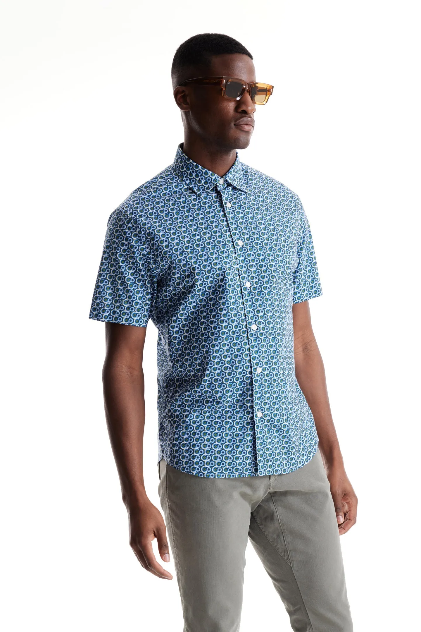 Soft Cloth Collar Shirt in Italian Poplin - Indigo Beverly Pop Print
