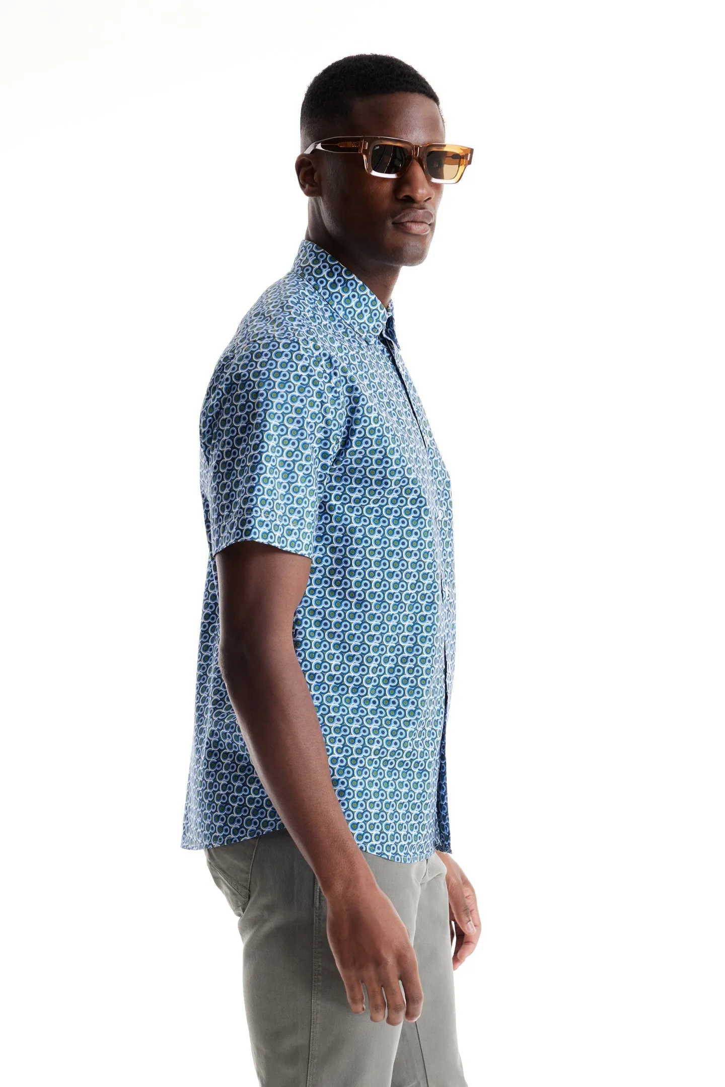 Soft Cloth Collar Shirt in Italian Poplin - Indigo Beverly Pop Print