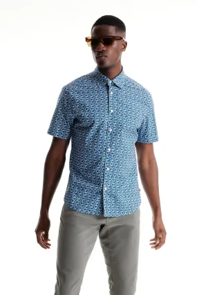Soft Cloth Collar Shirt in Italian Poplin - Indigo Beverly Pop Print