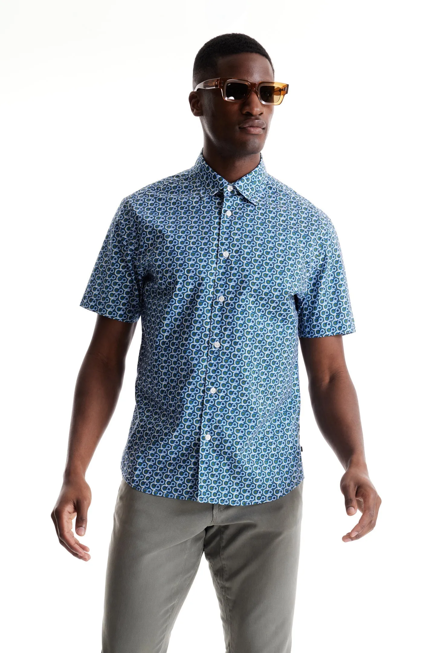 Soft Cloth Collar Shirt in Italian Poplin - Indigo Beverly Pop Print