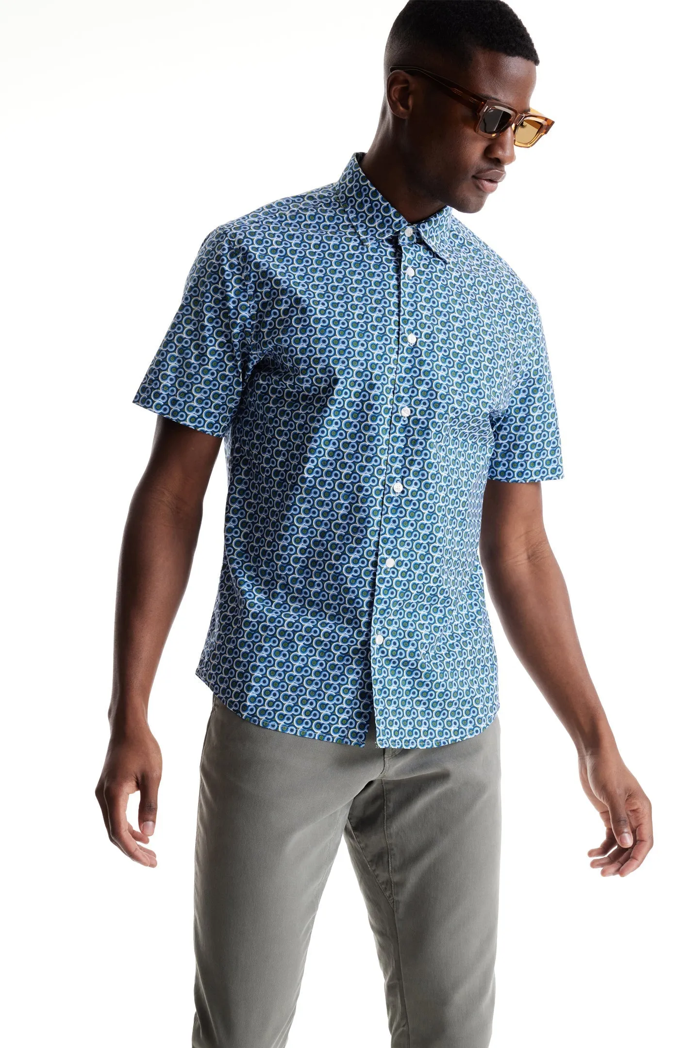 Soft Cloth Collar Shirt in Italian Poplin - Indigo Beverly Pop Print
