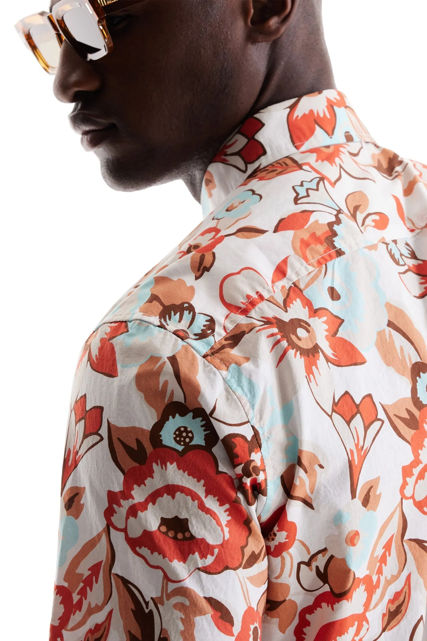Soft Cloth Point Collar Shirt in Italian Poplin - Natural Aloha Pop Print