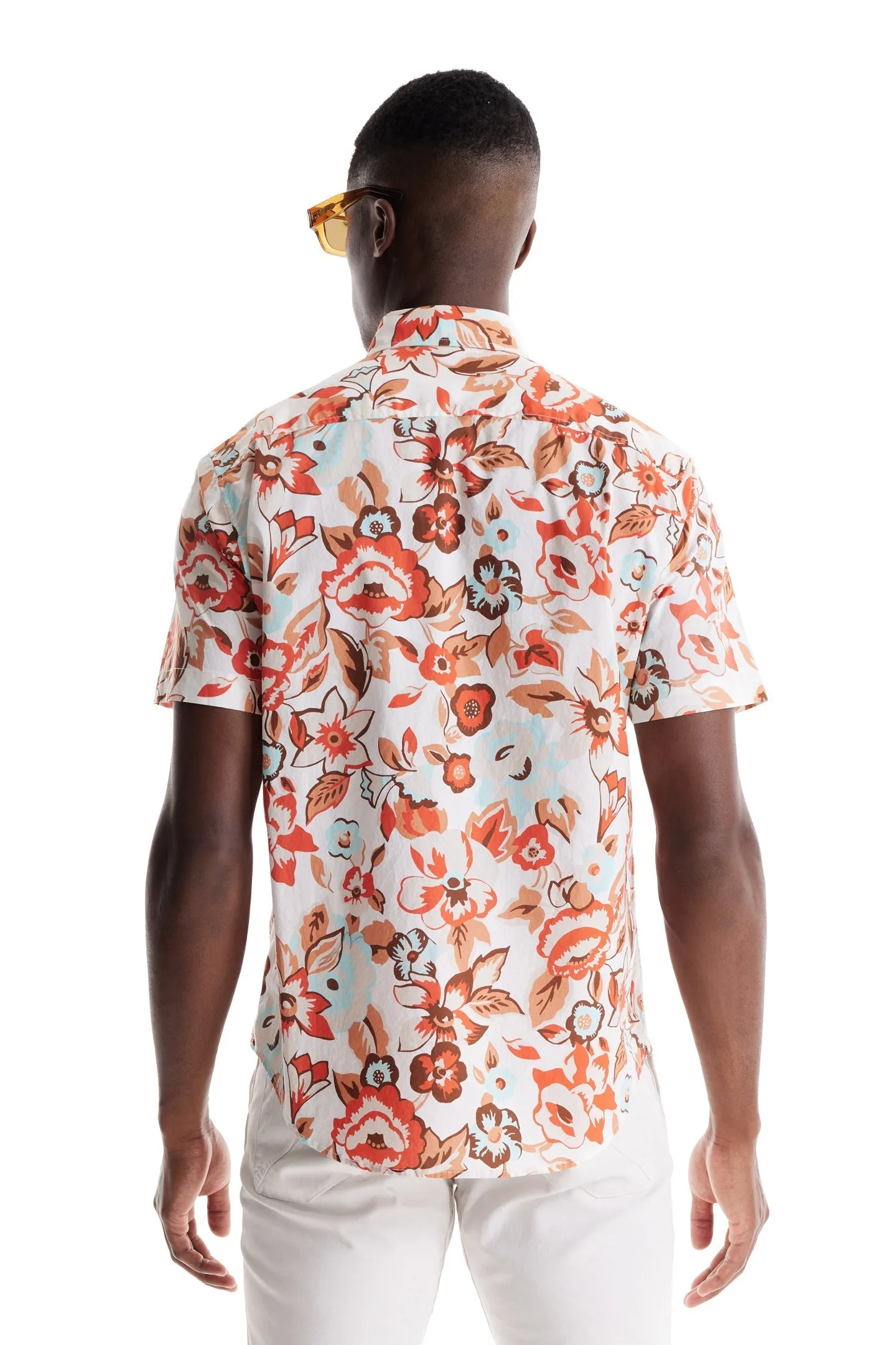 Soft Cloth Point Collar Shirt in Italian Poplin - Natural Aloha Pop Print