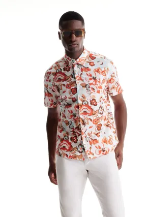 Soft Cloth Point Collar Shirt in Italian Poplin - Natural Aloha Pop Print