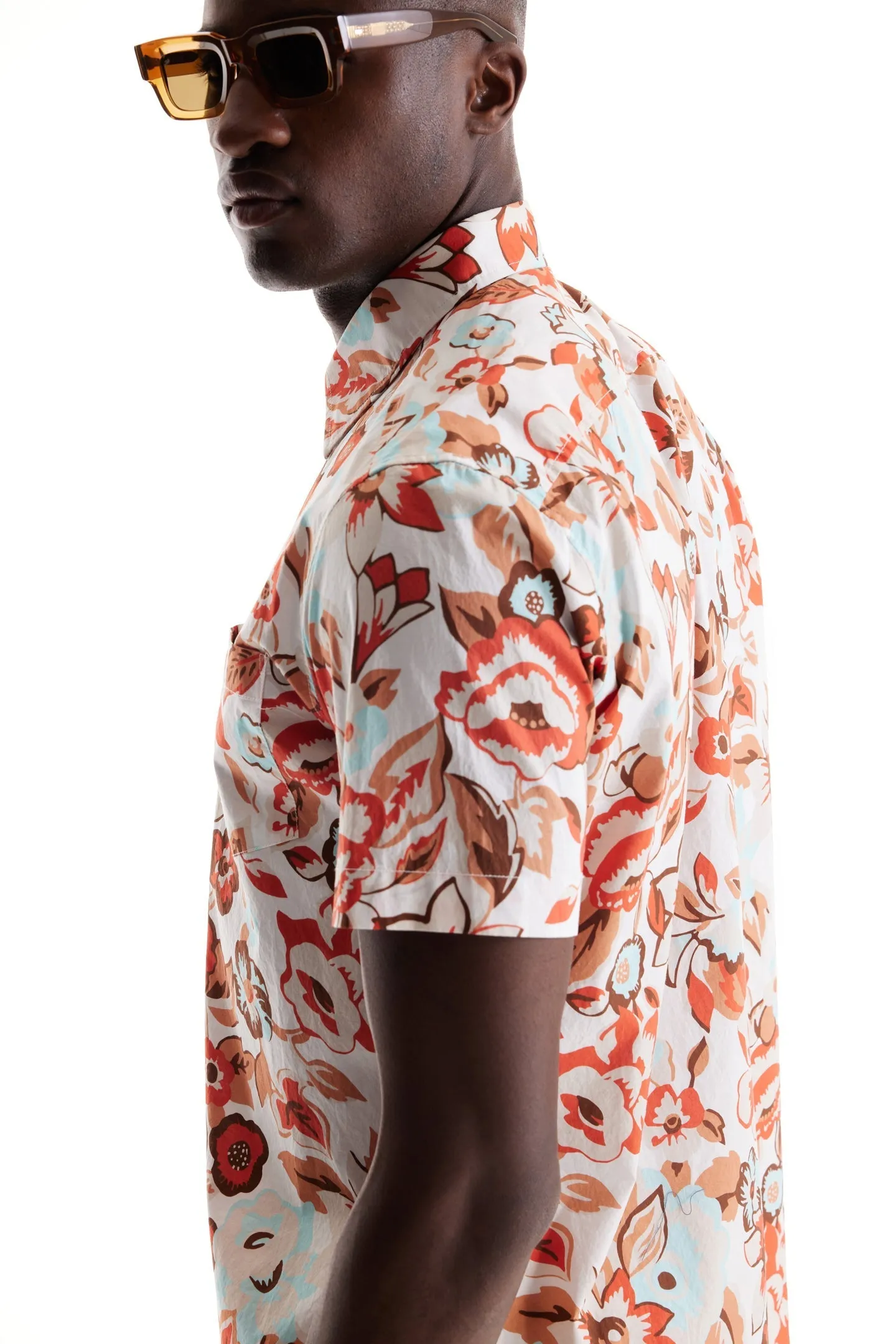 Soft Cloth Point Collar Shirt in Italian Poplin - Natural Aloha Pop Print