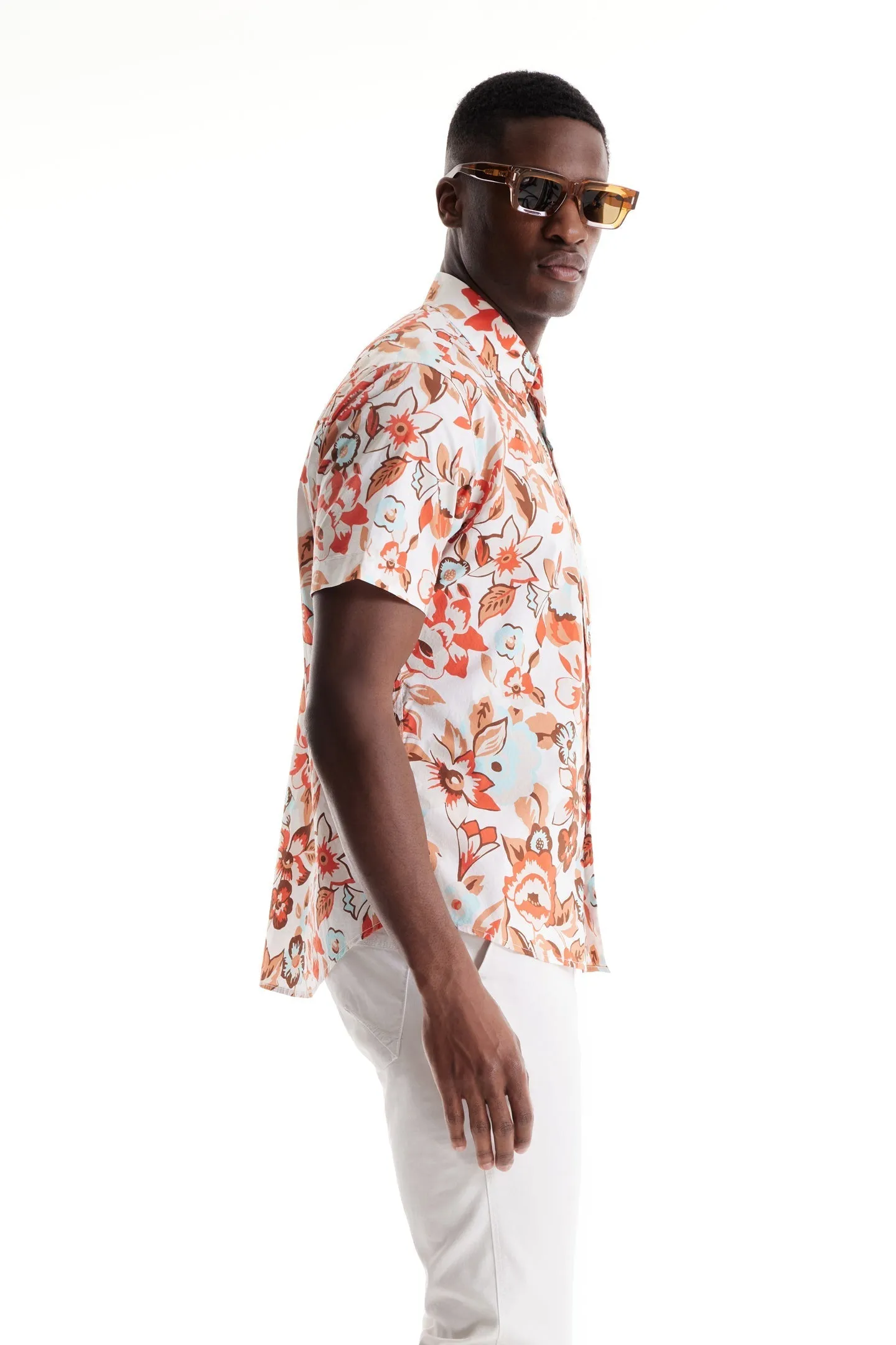 Soft Cloth Point Collar Shirt in Italian Poplin - Natural Aloha Pop Print