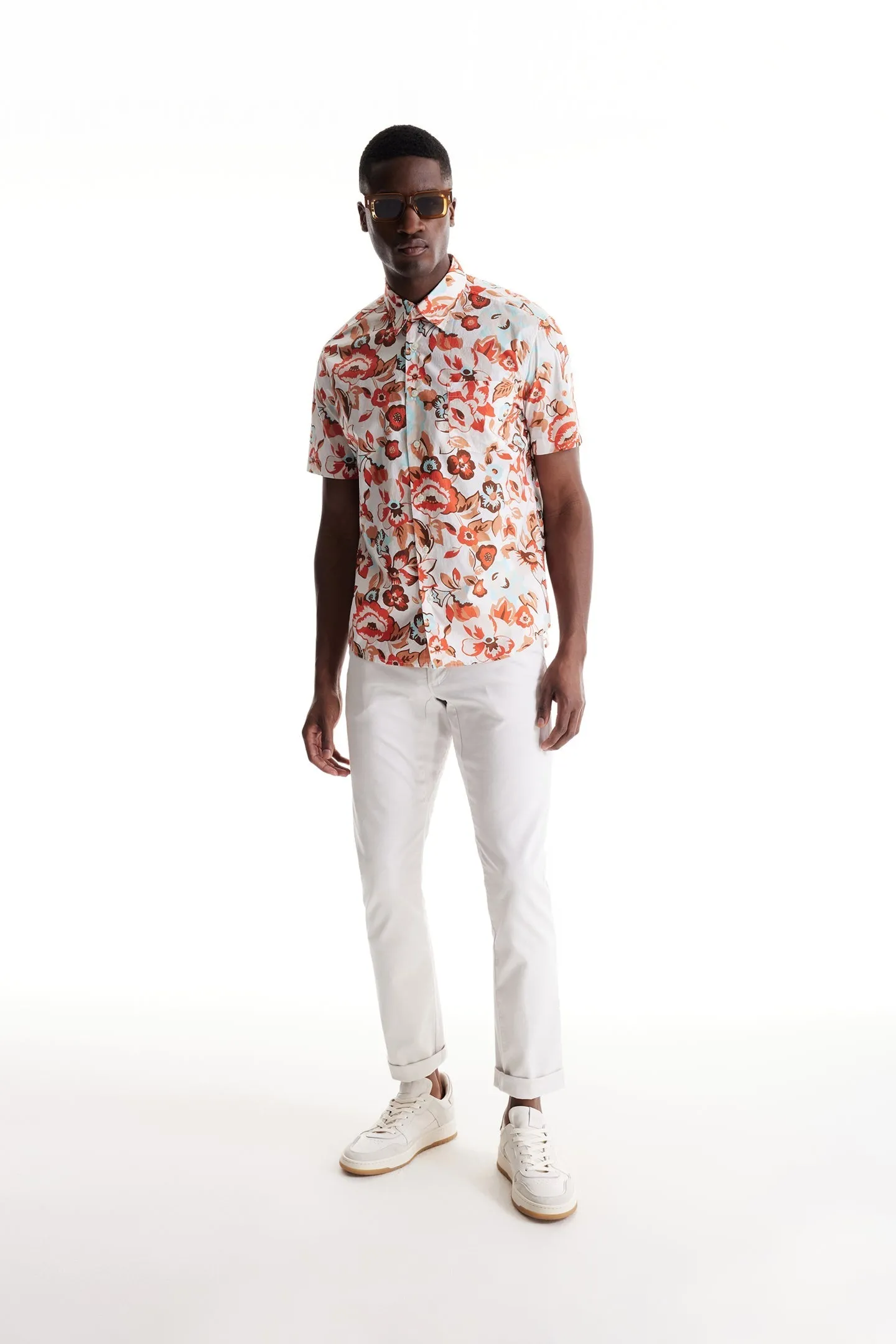 Soft Cloth Point Collar Shirt in Italian Poplin - Natural Aloha Pop Print