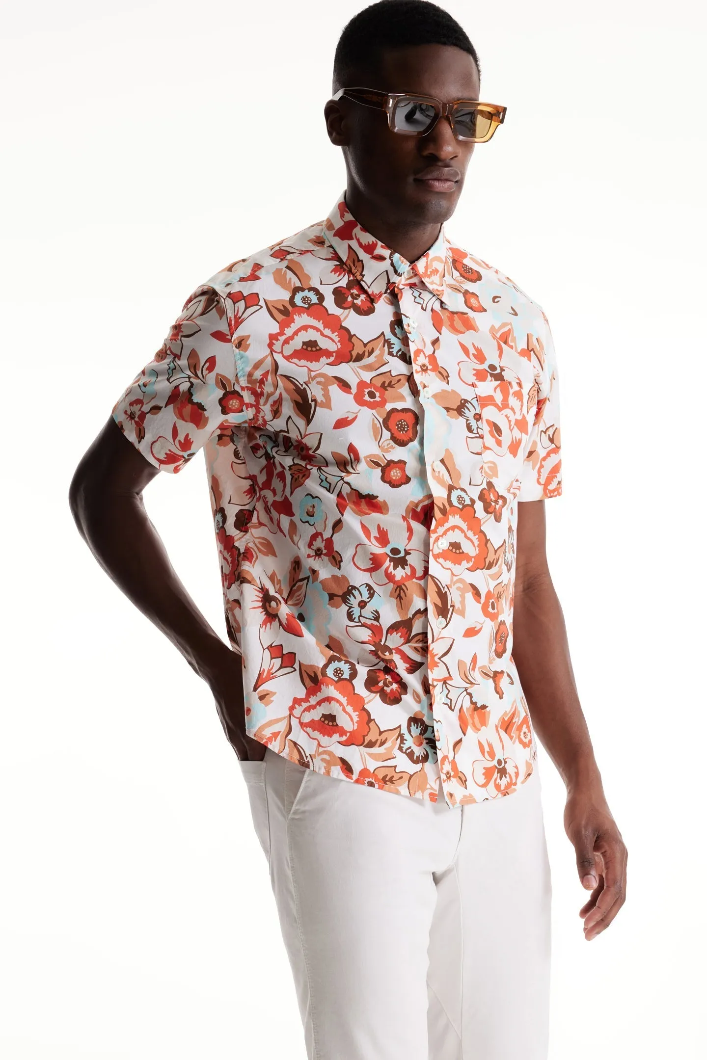 Soft Cloth Point Collar Shirt in Italian Poplin - Natural Aloha Pop Print