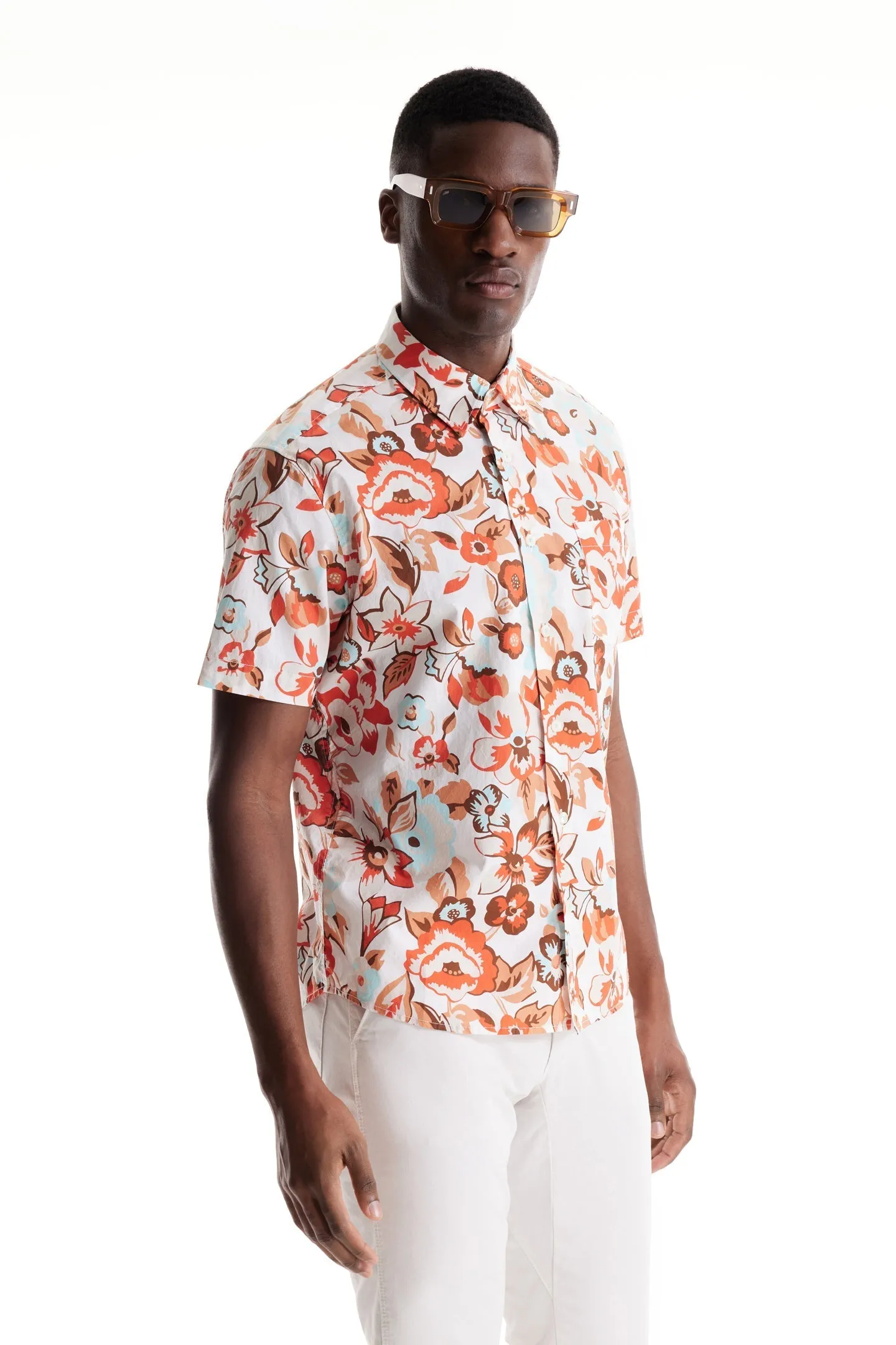 Soft Cloth Point Collar Shirt in Italian Poplin - Natural Aloha Pop Print
