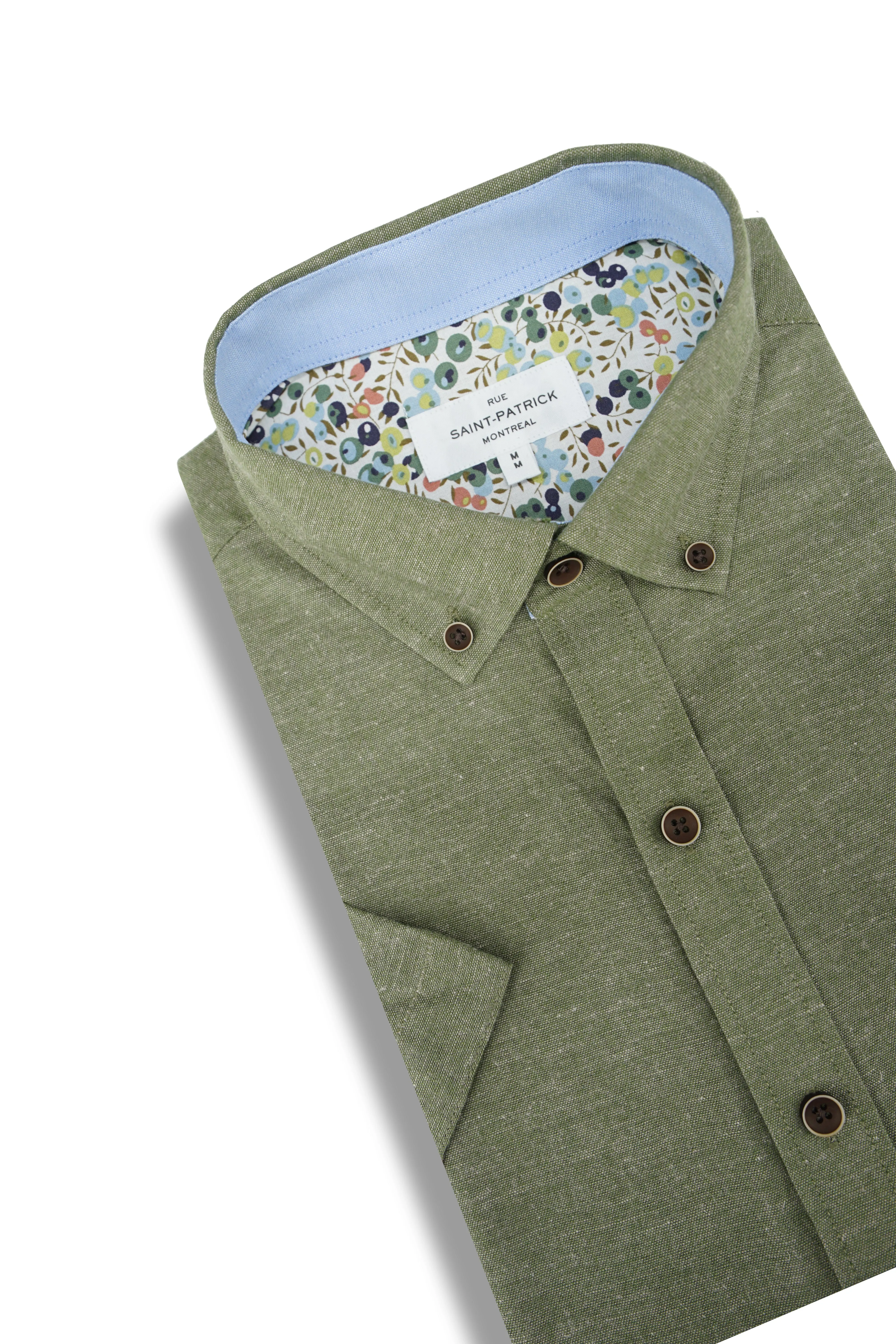 Staffordshire Linen Blend Short Sleeve Shirt in Moss Green