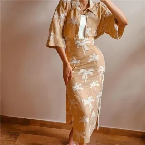 Summer Casual Woman Camel Print Short Tops Female Vintage Drawstring