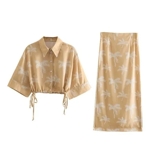 Summer Casual Woman Camel Print Short Tops Female Vintage Drawstring