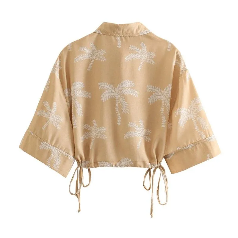 Summer Casual Woman Camel Print Short Tops Female Vintage Drawstring