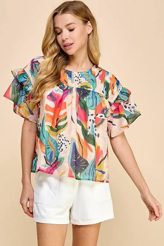 Tropical Short Sleeve Flutter Top