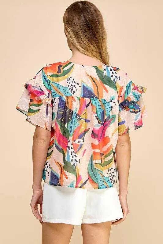 Tropical Short Sleeve Flutter Top