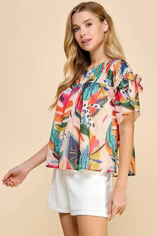 Tropical Short Sleeve Flutter Top