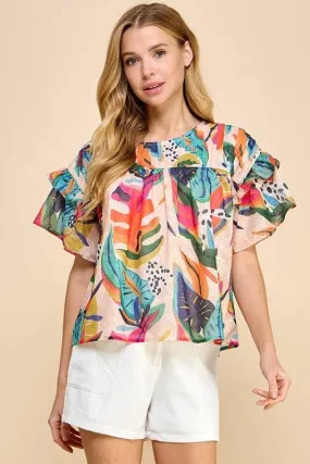 Tropical Short Sleeve Flutter Top