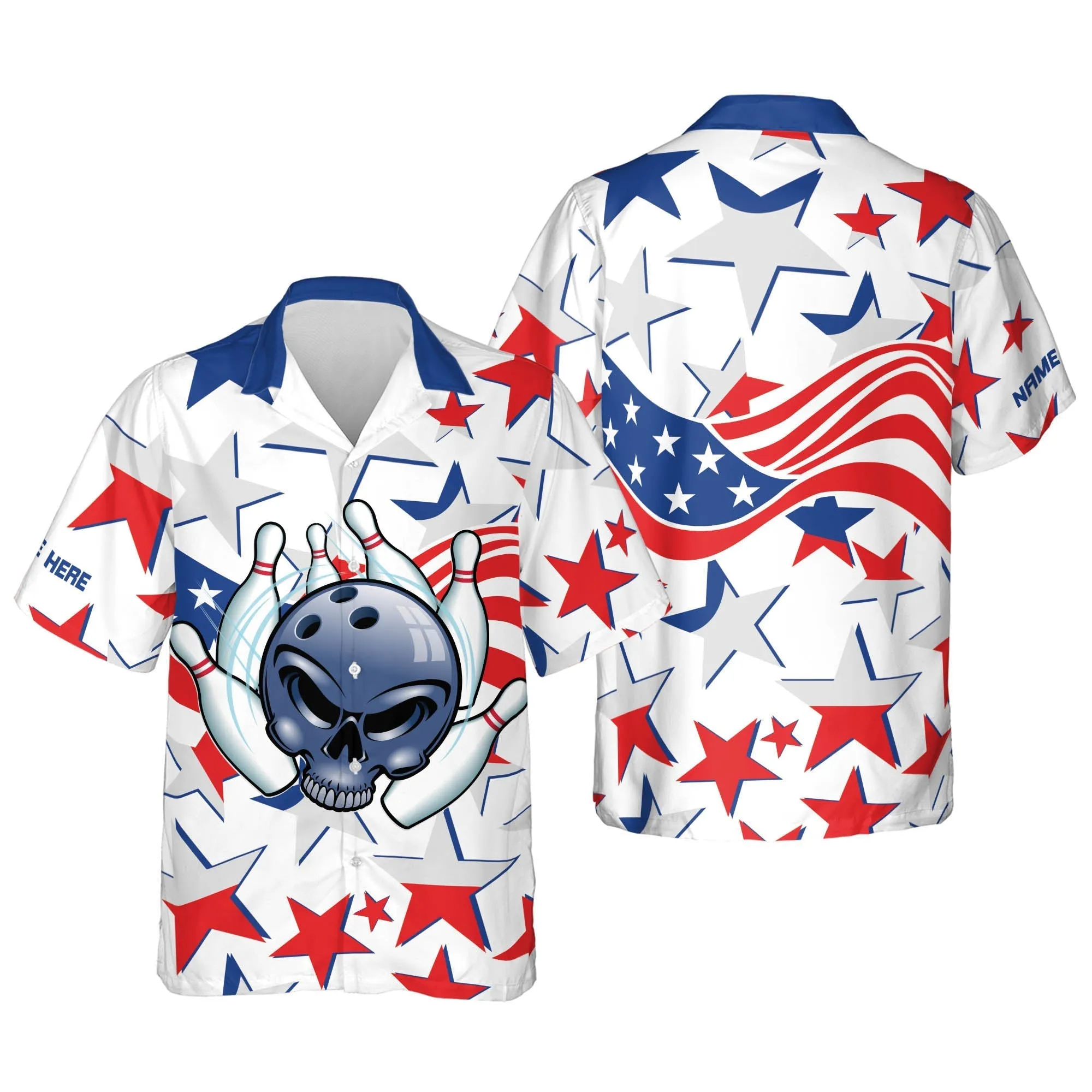 USA Bowling Button-Down Short Sleeve Bowling Flag Hawaiian Shirt