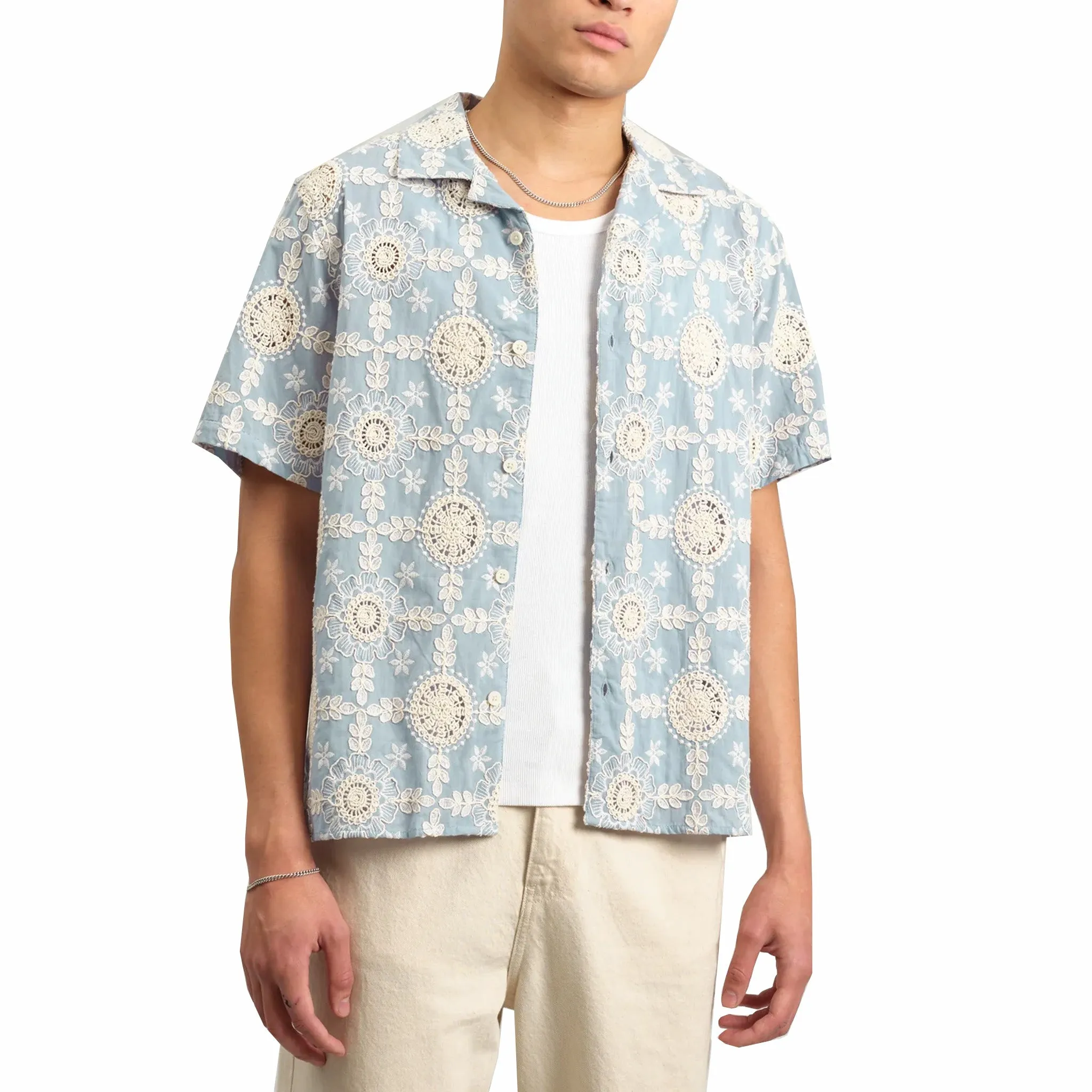 Wax London Didcot Intricate Lace Short-Sleeve Shirt (Pale Blue)
