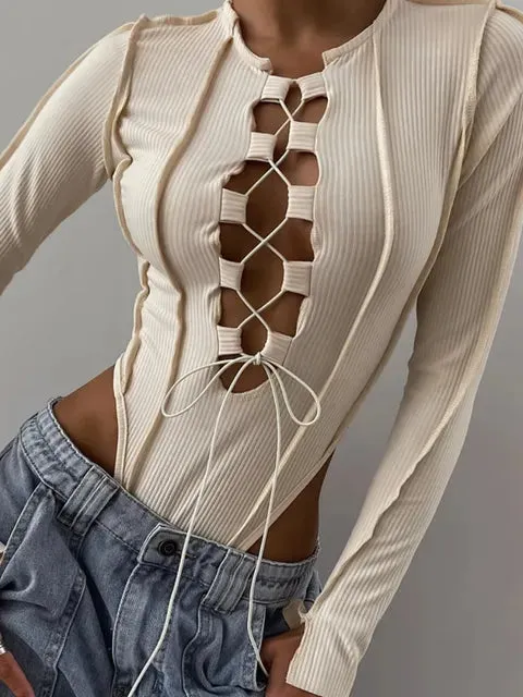 Women Long Sleeve Patchwork Ribbed Knit Cross Drawstring Bodysuit