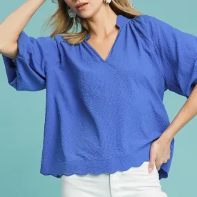 Women's Solid Blue Shirt With Bubble Short Sleeves